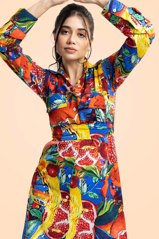 Printed Multi-Color Cotton Shirt Dress with Belt