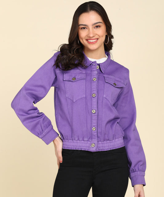 Women Purple Solid Denim Jacket