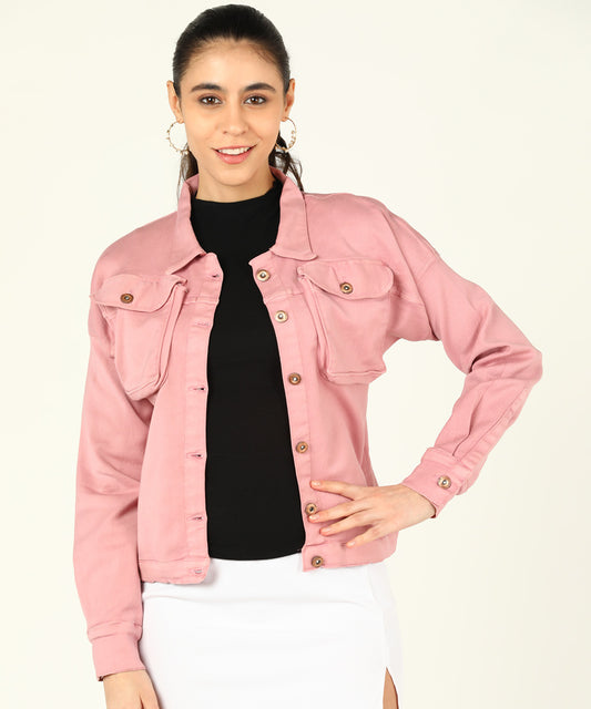 Women Pink Solid Denim Jacket