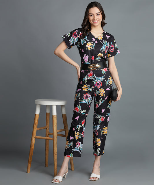 Floral Printed Black Jumpsuit