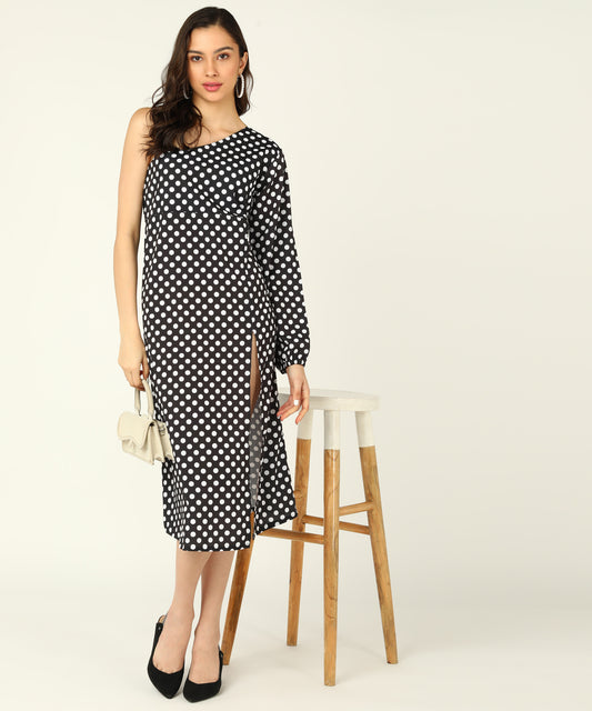 Polka dot printed A-line slit dress