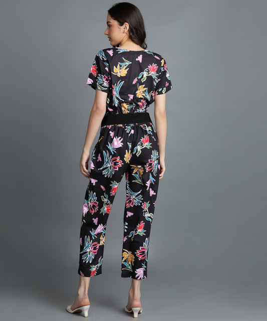 Floral Printed Black Jumpsuit