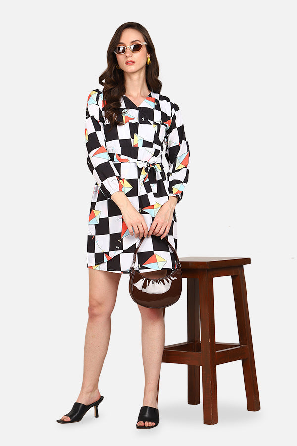 Elegant Black & White Multicolored Kite Print Dress-Mini Dress-Utility Closet-XS-DLOB