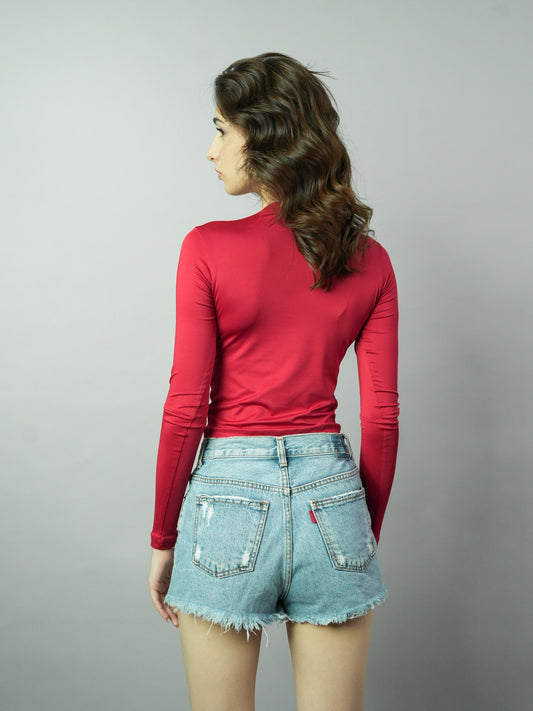 Red Solid Bodycon Full Sleeves Top